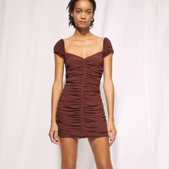 WILFRED Aritzia Veda Ruched Mini Dress Burgundy Brown Sz 6 - Picture 2 of 13